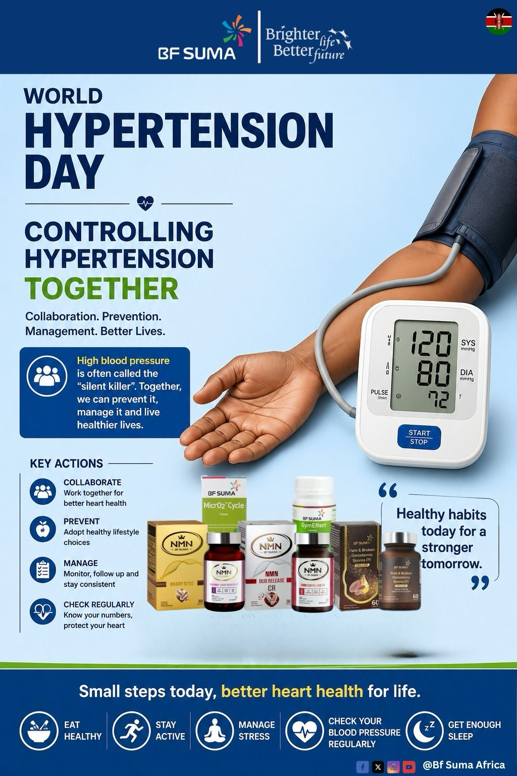 BF Suma — Controlling Hypertension Together campaign featuring MicrO2Cycle, GymEffect, NMN and Ganoderma Spores products